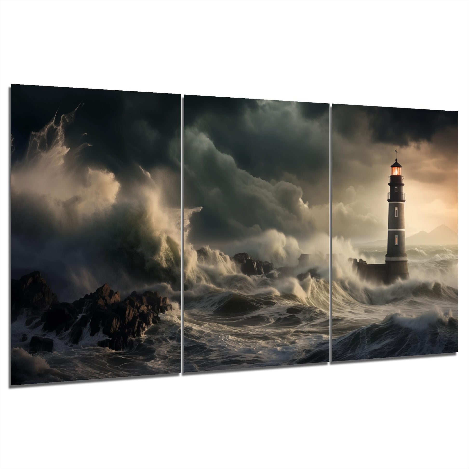 Photo-realistic image of a lighthouse on the left enduring a fierce storm, with dramatic lighting and turbulent sea waves.