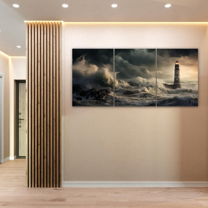 Photo-realistic image of a lighthouse on the left enduring a fierce storm, with dramatic lighting and turbulent sea waves.